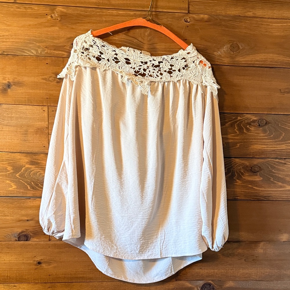 Off-Shoulder Crochet Yoke Blouse - Cream